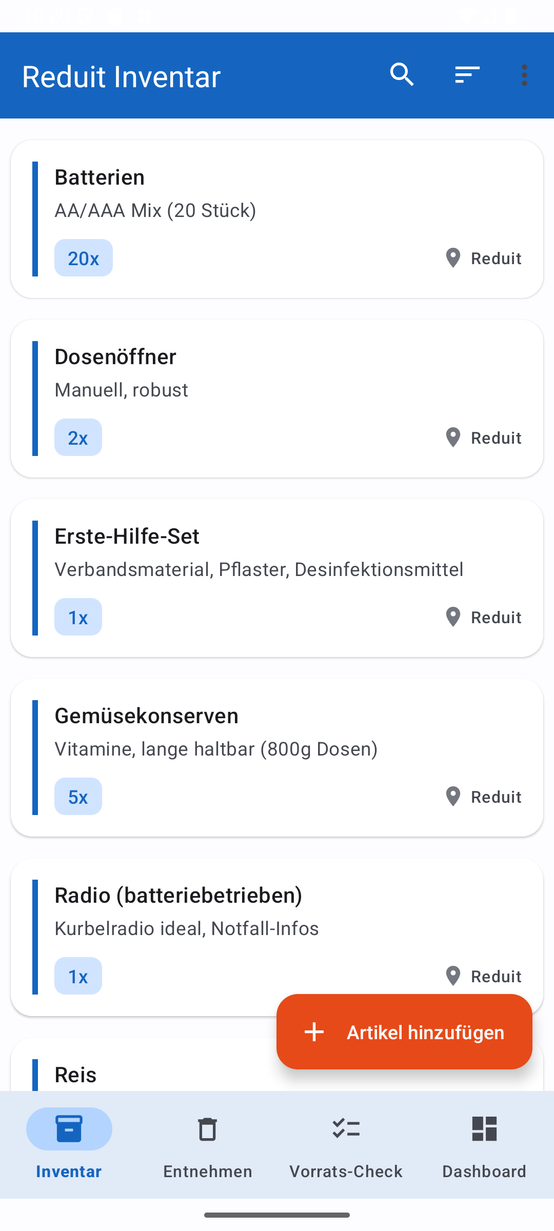 Reduit Inventar App Screenshot